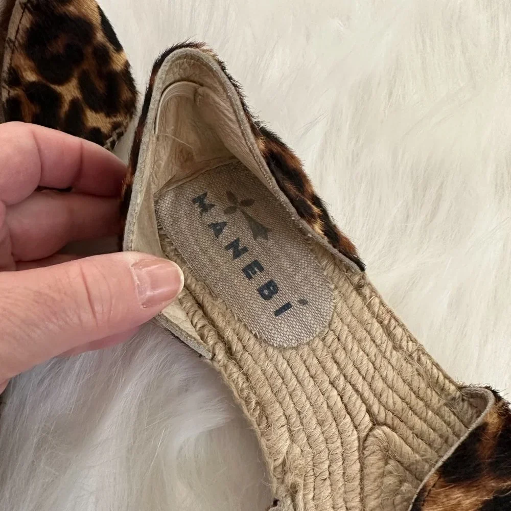 Manebi Espadrilles Leopard Calf Hair Open Side Boho Neutral #D62OLEO EU 38 US 8